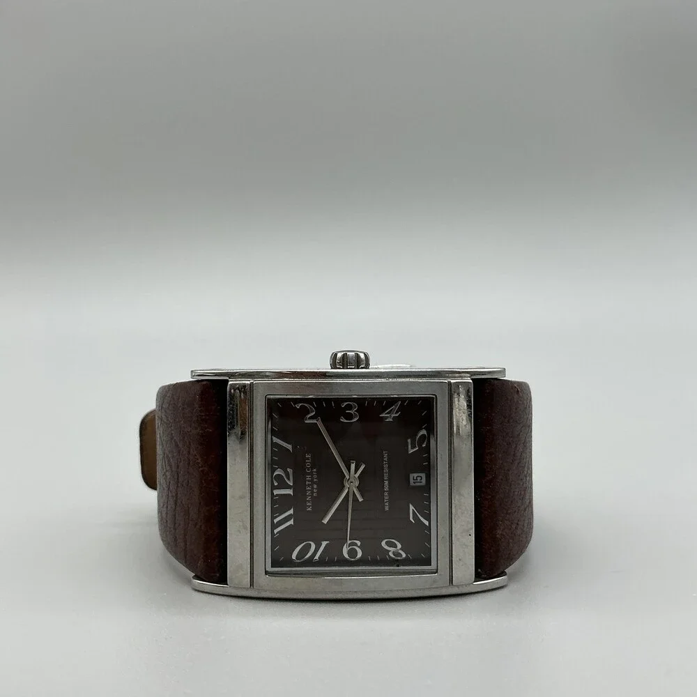 Kenneth Cole KC1238 Mens Watch 32mm Silver Tone Brown Leather Date New Battery